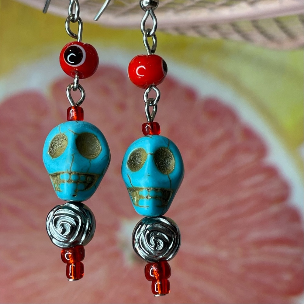 Turquoise Skull Pierced Dangle Earrings with Red Glass Beads and  Silver Roses